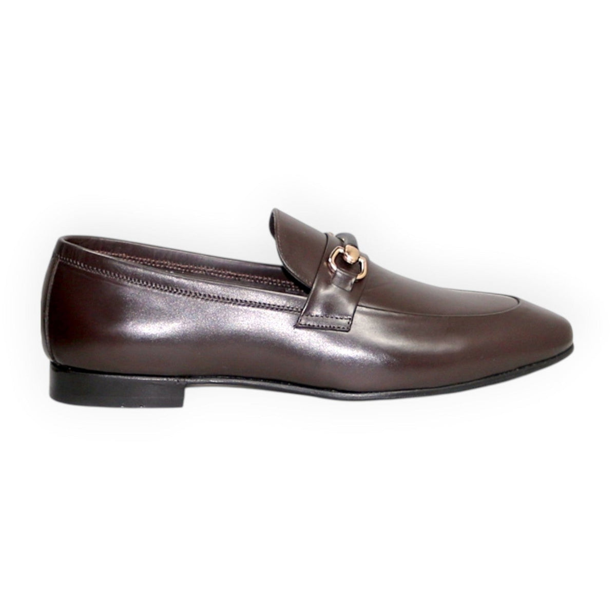 ARQS.PK dark brown leather formal loafers with a metallic horsebit detail and sleek almond-toe silhouette.