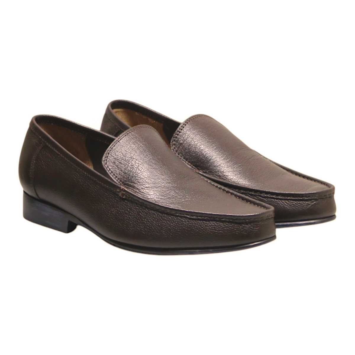 ARQS.PK men's classic dark brown textured leather slip-on loafers with apron stitching and durable low-profile sole.