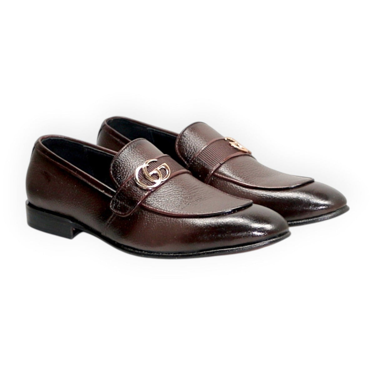 ARQS.PK dark brown leather loafers featuring a gold-tone metal logo detail on the strap