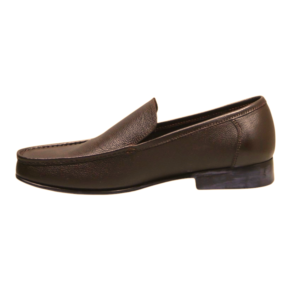 ARQS.PK men's classic dark brown textured leather slip-on loafers with apron stitching and a low-profile sole.