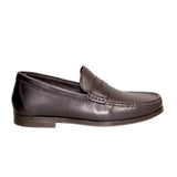 ARQS.PK dark brown leather penny loafer dress shoe with a stitched apron toe and classic saddle strap design.