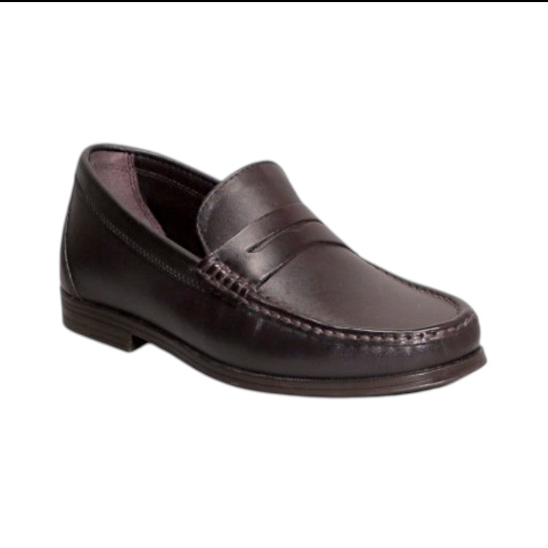 ARQS.PK dark brown leather penny loafer dress shoe with a stitched apron toe and classic saddle strap design.