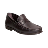 ARQS.PK dark brown leather penny loafer dress shoe with a stitched apron toe and classic saddle strap design.