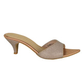 ARQS.PK 1692 glittery champagne synthetic kitten heel mule sandal with a pointed toe and rubber sole