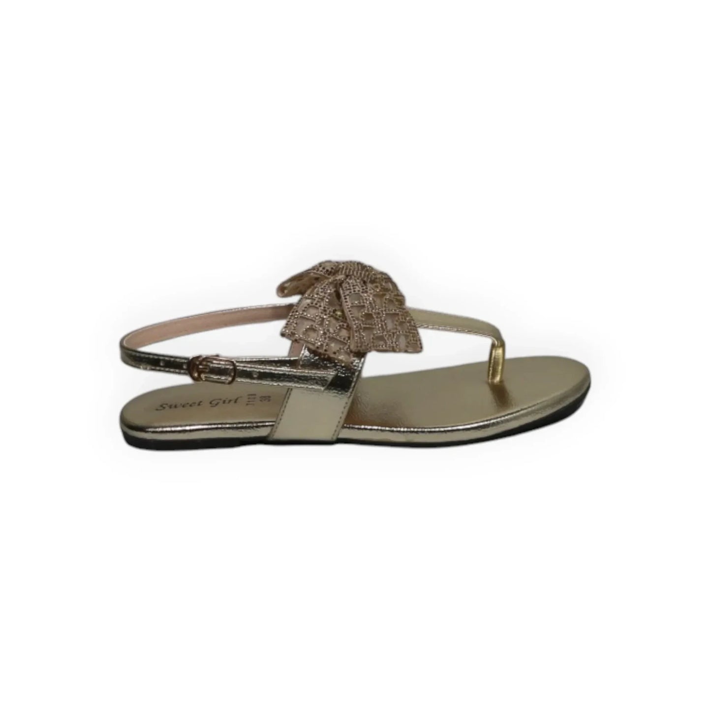 ARQS.PK gold metallic thong sandals featuring a decorative textured bow and adjustable ankle strap