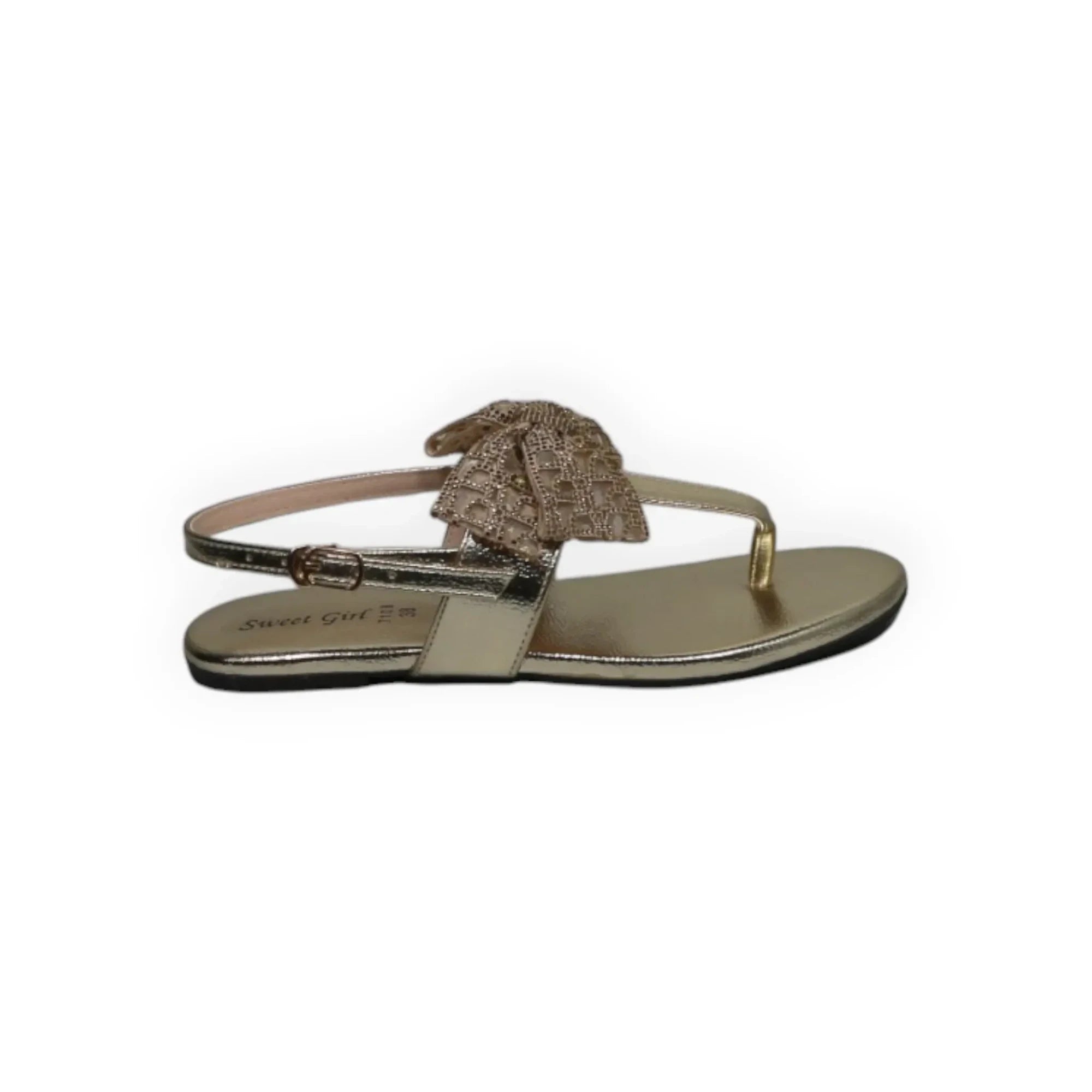 ARQS.PK gold metallic thong sandals featuring a decorative textured bow and adjustable ankle strap