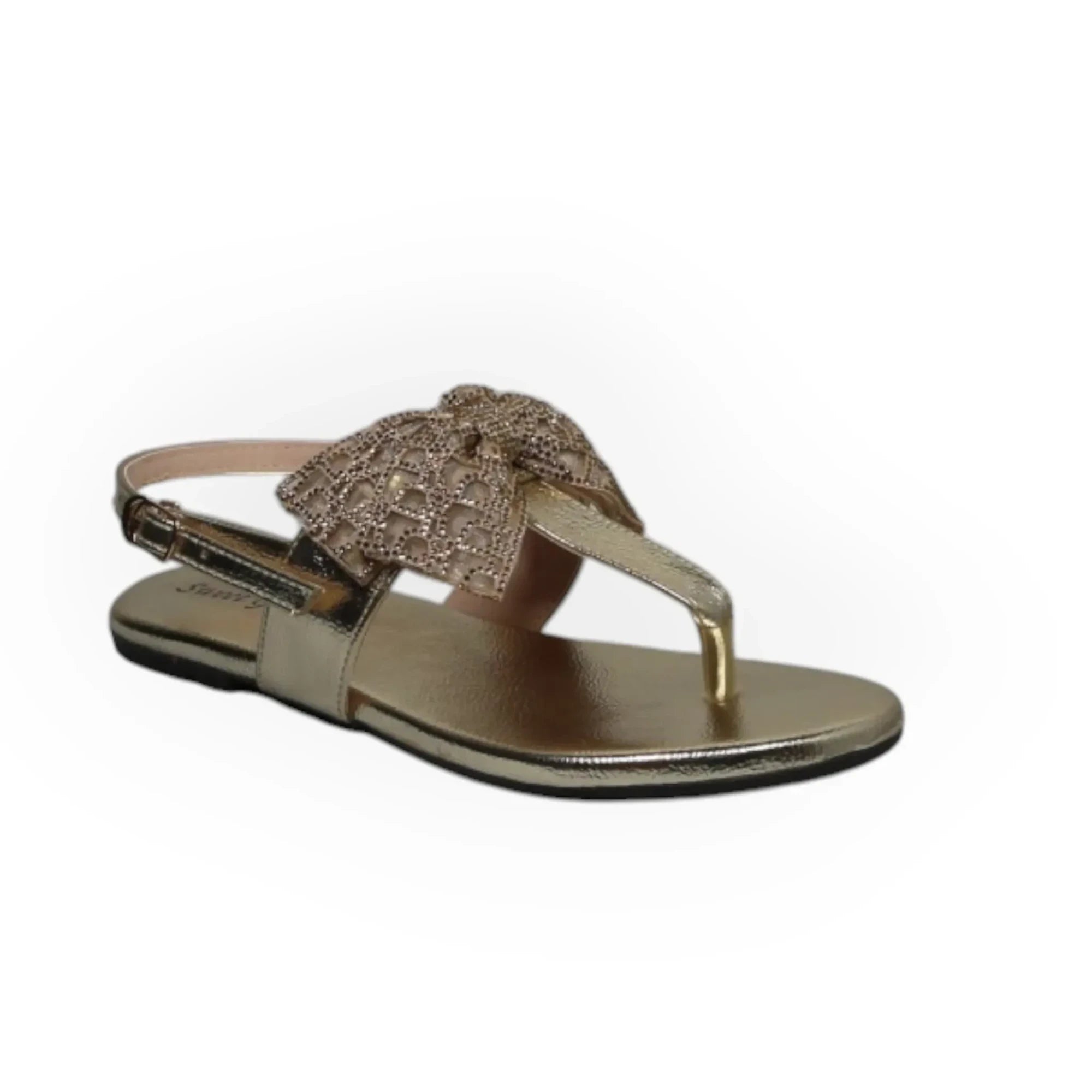 ARQS.PK gold metallic thong sandals featuring a decorative rhinestone-embellished bow and an adjustable ankle strap.