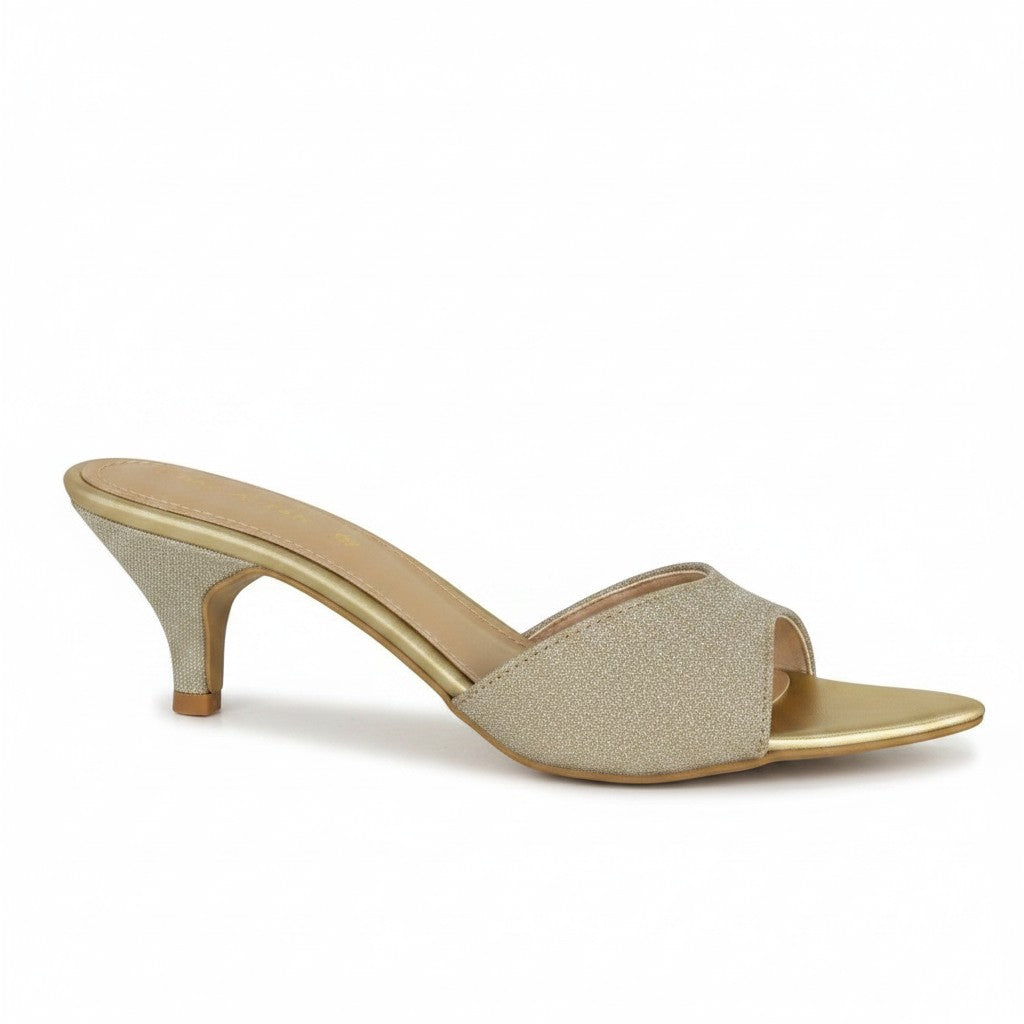 ARQS.PK gold glitter kitten heel mule sandals with synthetic upper and rubber sole