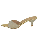 ARQS.PK gold synthetic kitten heel mule sandals with a pointed toe and rubber sole for a stylish formal look