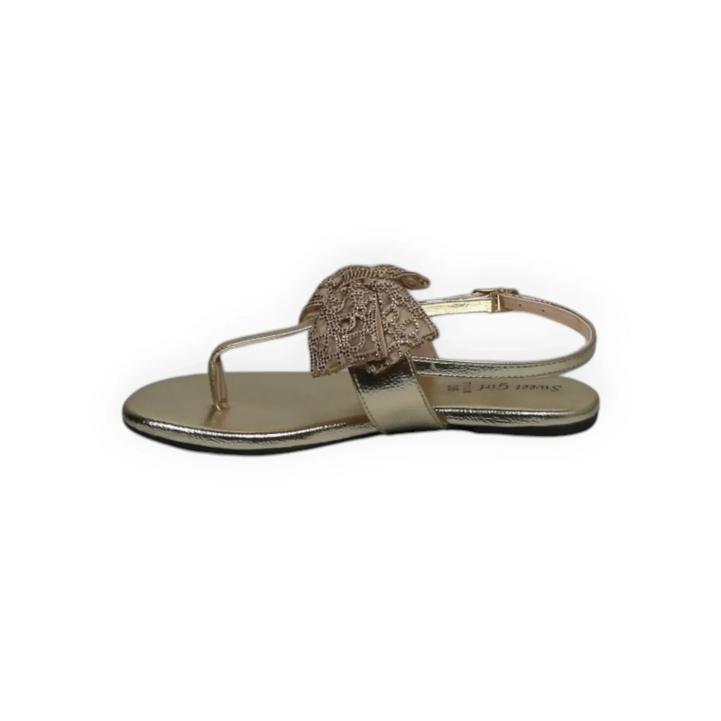 ARQS.PK gold flat sandals featuring a decorative bow with intricate detailing and an adjustable ankle strap