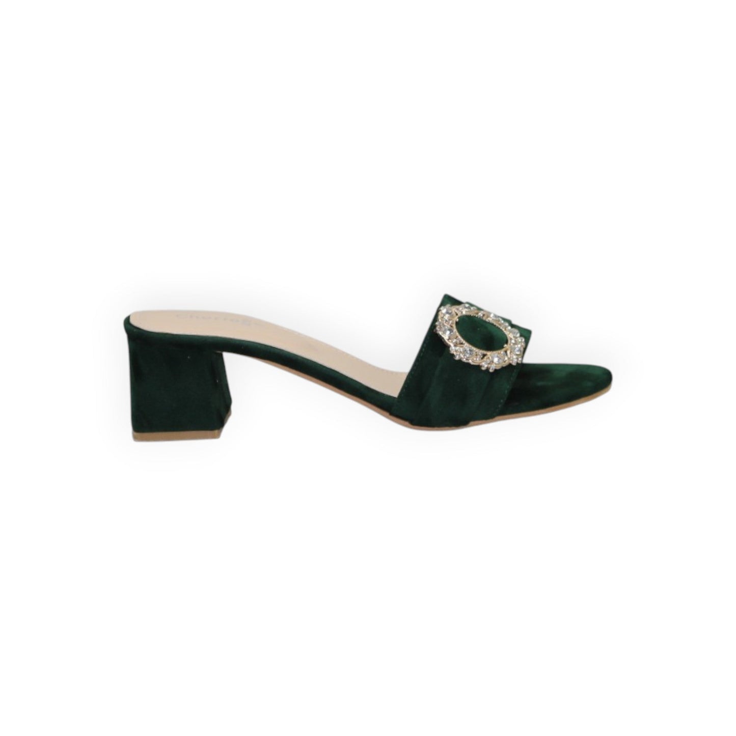ARQS.PK 589N dark green suede block heel mule sandal featuring a decorative crystal-embellished circular buckle