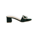 ARQS.PK 589N dark green suede block heel mule sandal featuring a decorative crystal-embellished circular buckle