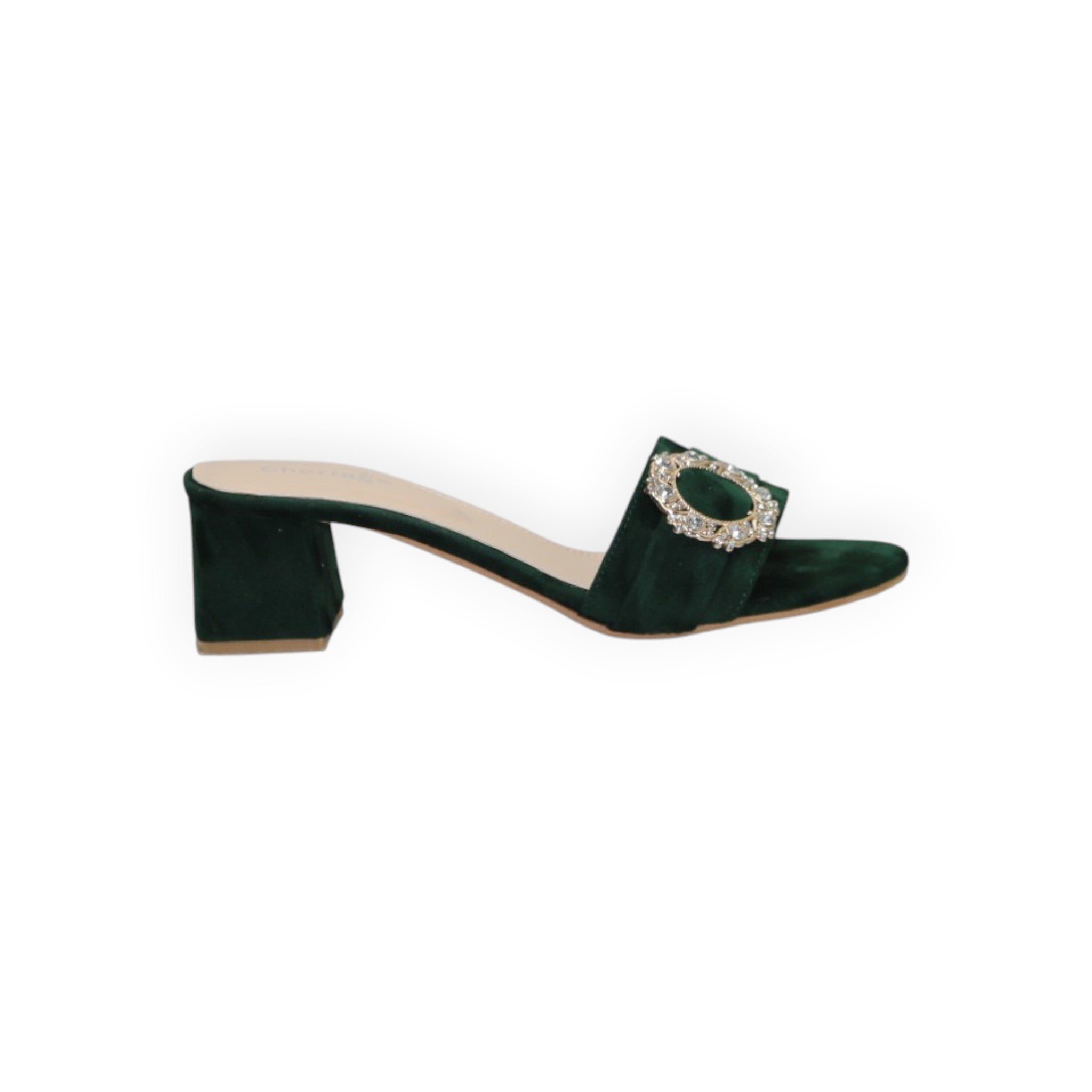 ARQS.PK 589N dark green suede block heel mule sandal featuring a decorative crystal-embellished circular buckle