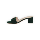 ARQS.PK 589N emerald green velvet block heel slide sandals with a decorative crystal embellishment on the strap