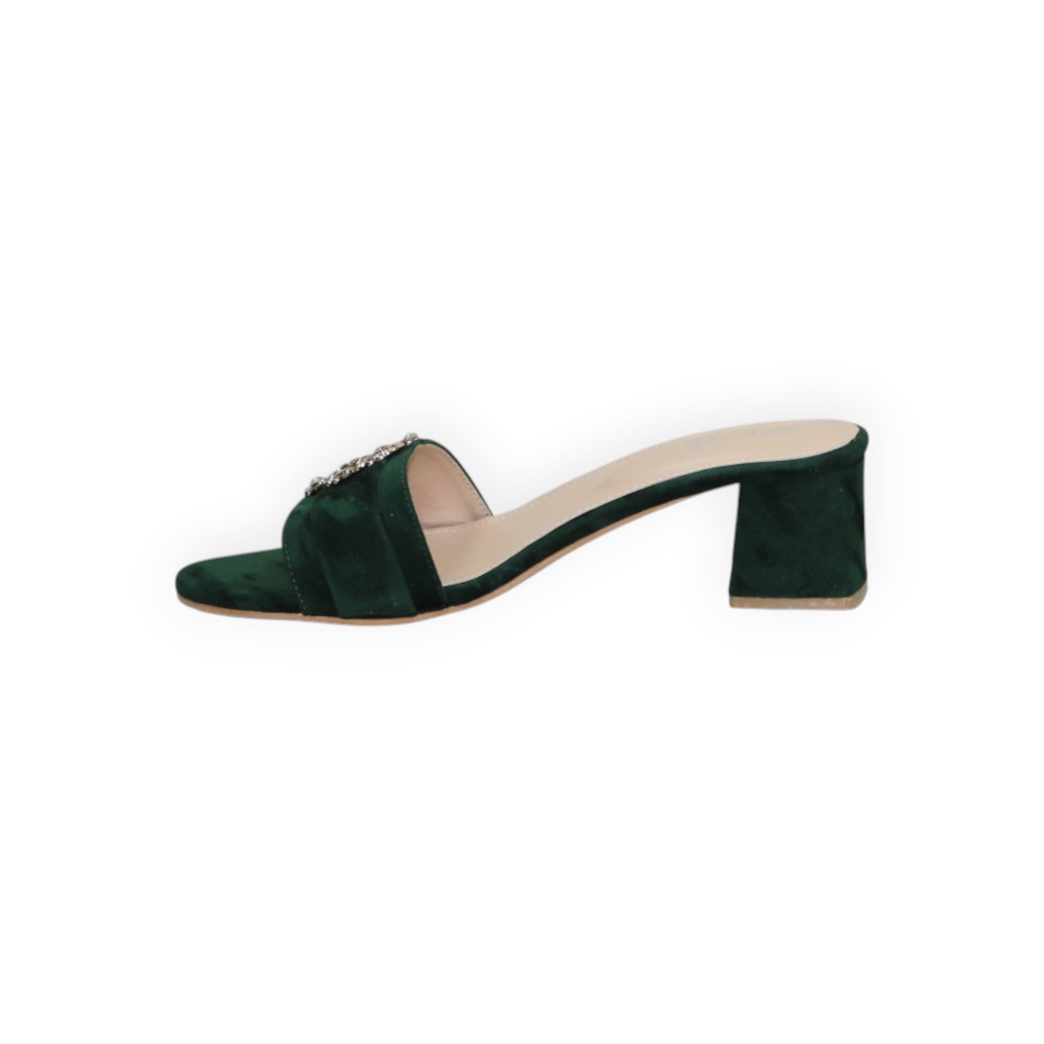 ARQS.PK 589N emerald green velvet block heel slide sandals with a decorative crystal embellishment on the strap