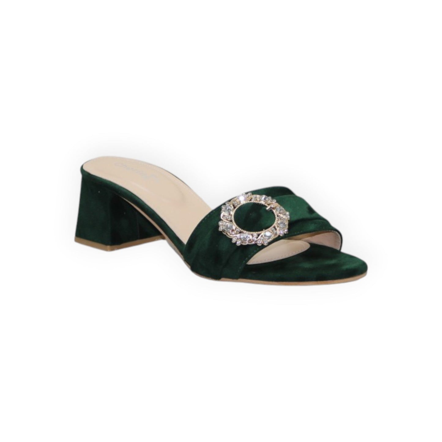 ARQS.PK 589N emerald green velvet block heel mules featuring a decorative crystal-embellished circular buckle