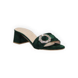 ARQS.PK 589N emerald green velvet block heel mules featuring a decorative crystal-embellished circular buckle