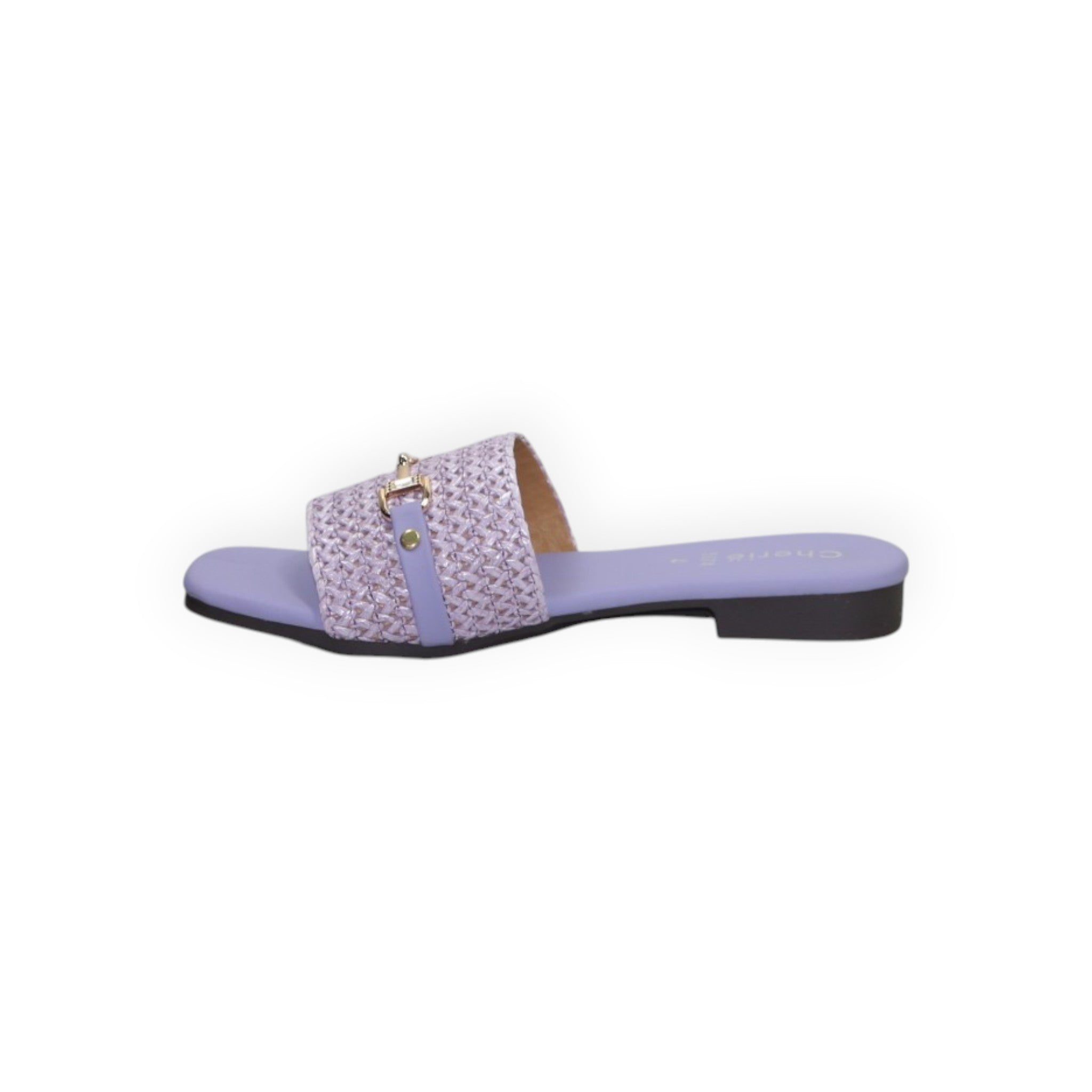 ARQS.PK lavender woven flat slide sandal with a gold-tone metal buckle detail on the strap