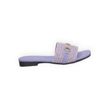 ARQS.PK lavender woven slide sandals with a gold-tone horsebit detail on a flat sole