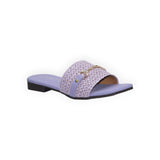 ARQS.PK 1609 lavender woven slide sandals featuring a gold-tone horsebit detail and a flat sole.