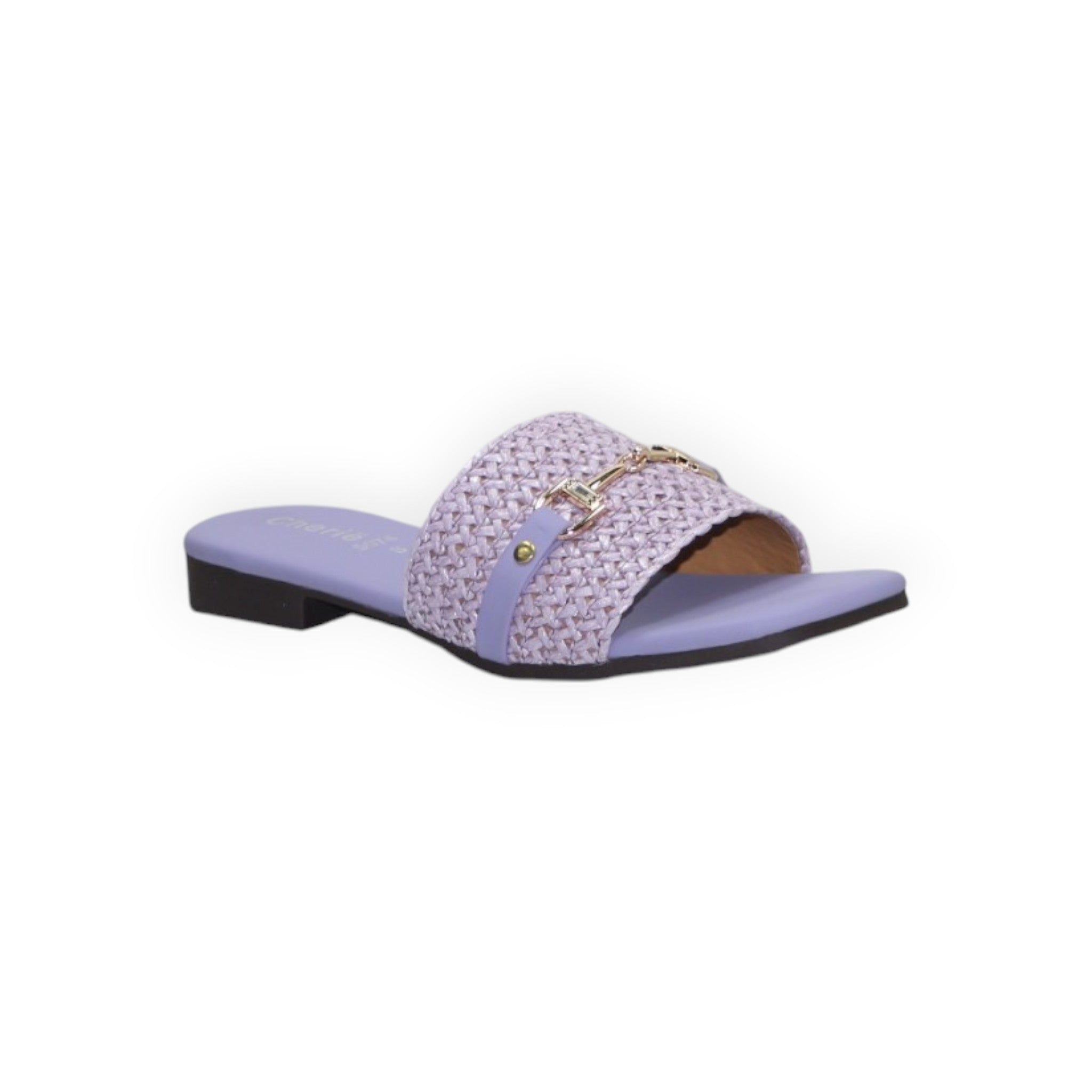 ARQS.PK 1609 lavender woven slide sandals featuring a gold-tone horsebit detail and a flat sole.