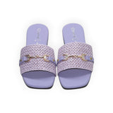 ARQS.PK lavender woven slide sandals with a gold horsebit detail and square toe design.