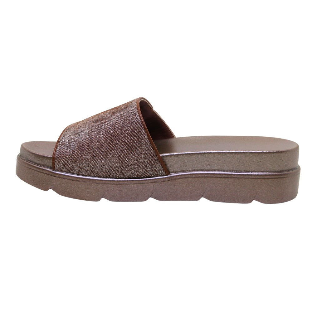 ARQS.PK platform slide sandals in a metallic bronze finish with a wide strap and comfortable elevated sole.