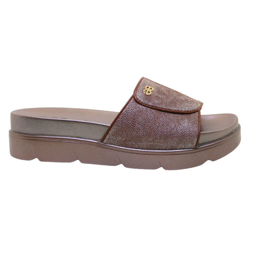 ARQS.PK metallic bronze platform slide sandals with a wide strap and gold logo detail on a white background