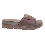ARQS.PK metallic bronze platform slide sandals with a wide strap and gold logo detail on a white background