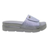 ARQS.PK metallic silver platform slide sandals with a wide strap and subtle logo detail on a lightweight sole