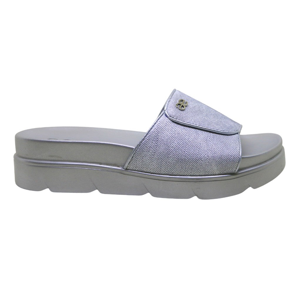 ARQS.PK metallic silver platform slide sandals with a wide strap and subtle logo detail on a lightweight sole