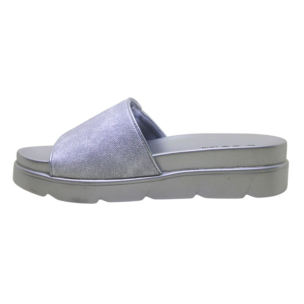 ARQS.PK metallic silver platform slide sandals with a wide strap and lightweight sole for casual summer wear.