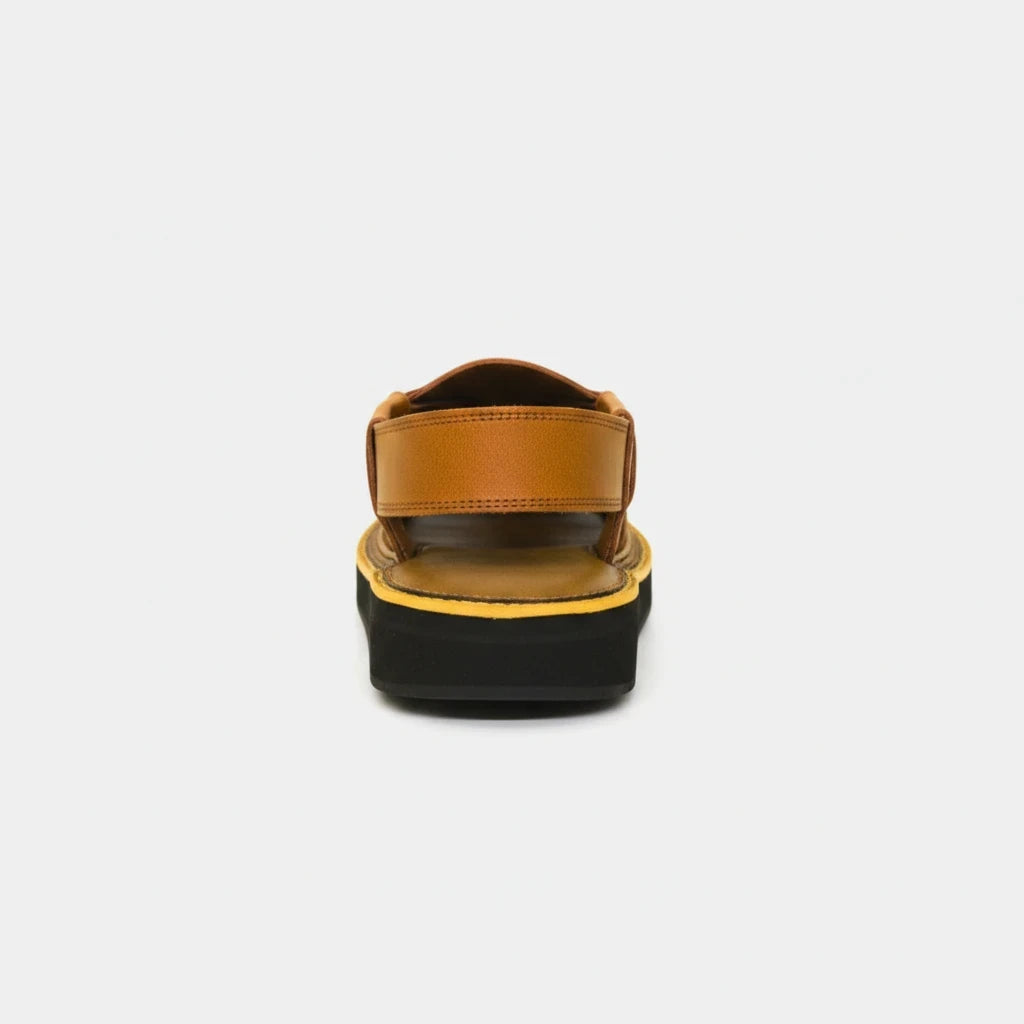 ARQS.PK 937 mustard textured Peshawari chappal with cushioned insole and black sole, back view