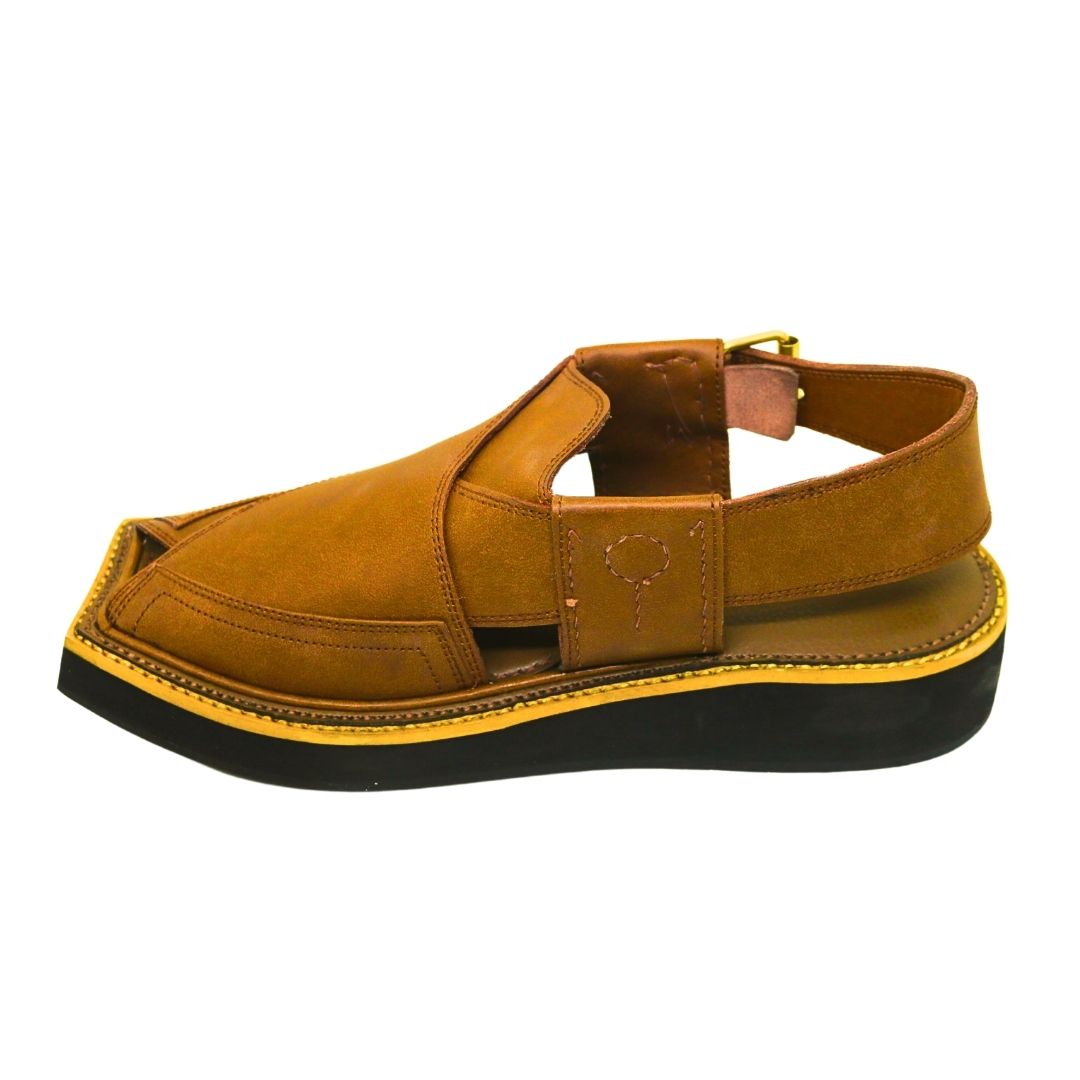ARQS.PK mustard textured fabric Peshawari chappal with padded insole and black sole for formal events
