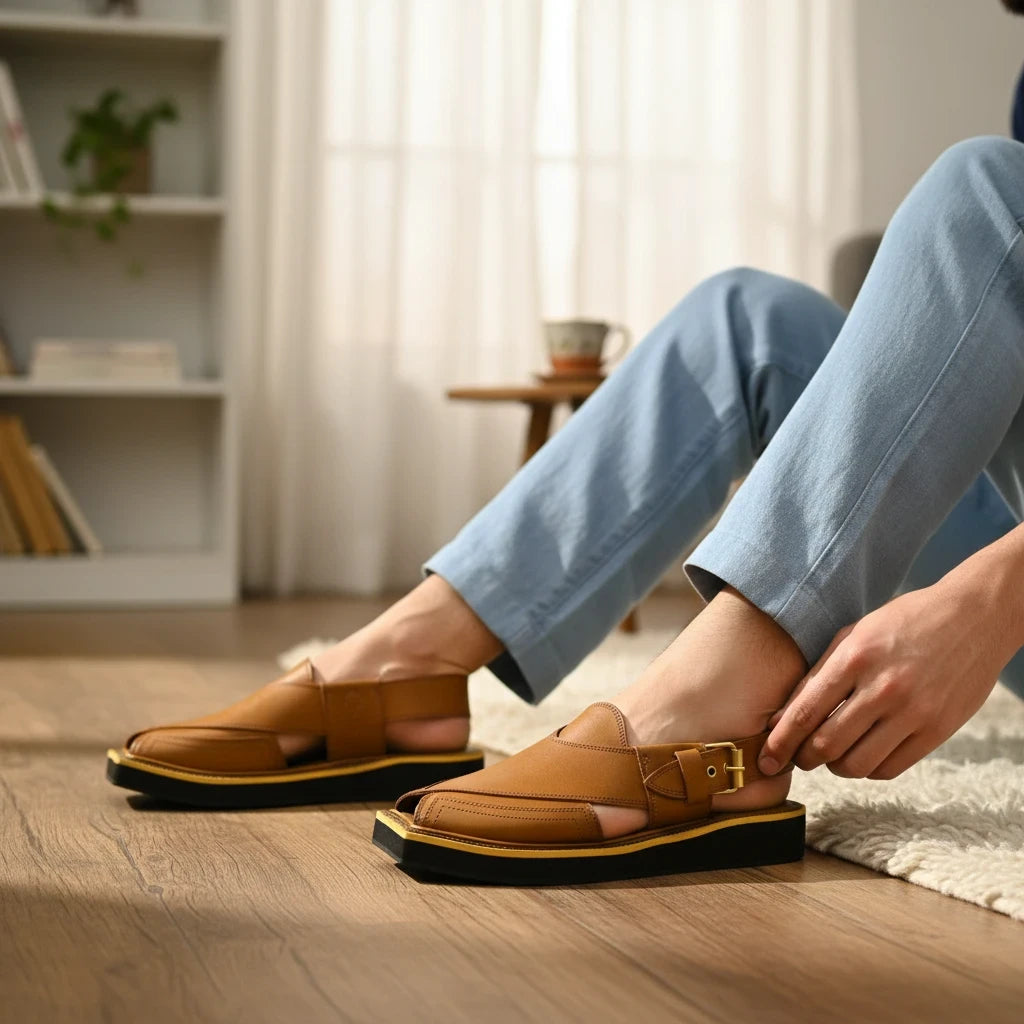 ARQS.PK mustard textured leather Peshawari chappals with cushioned insoles and adjustable buckle strap