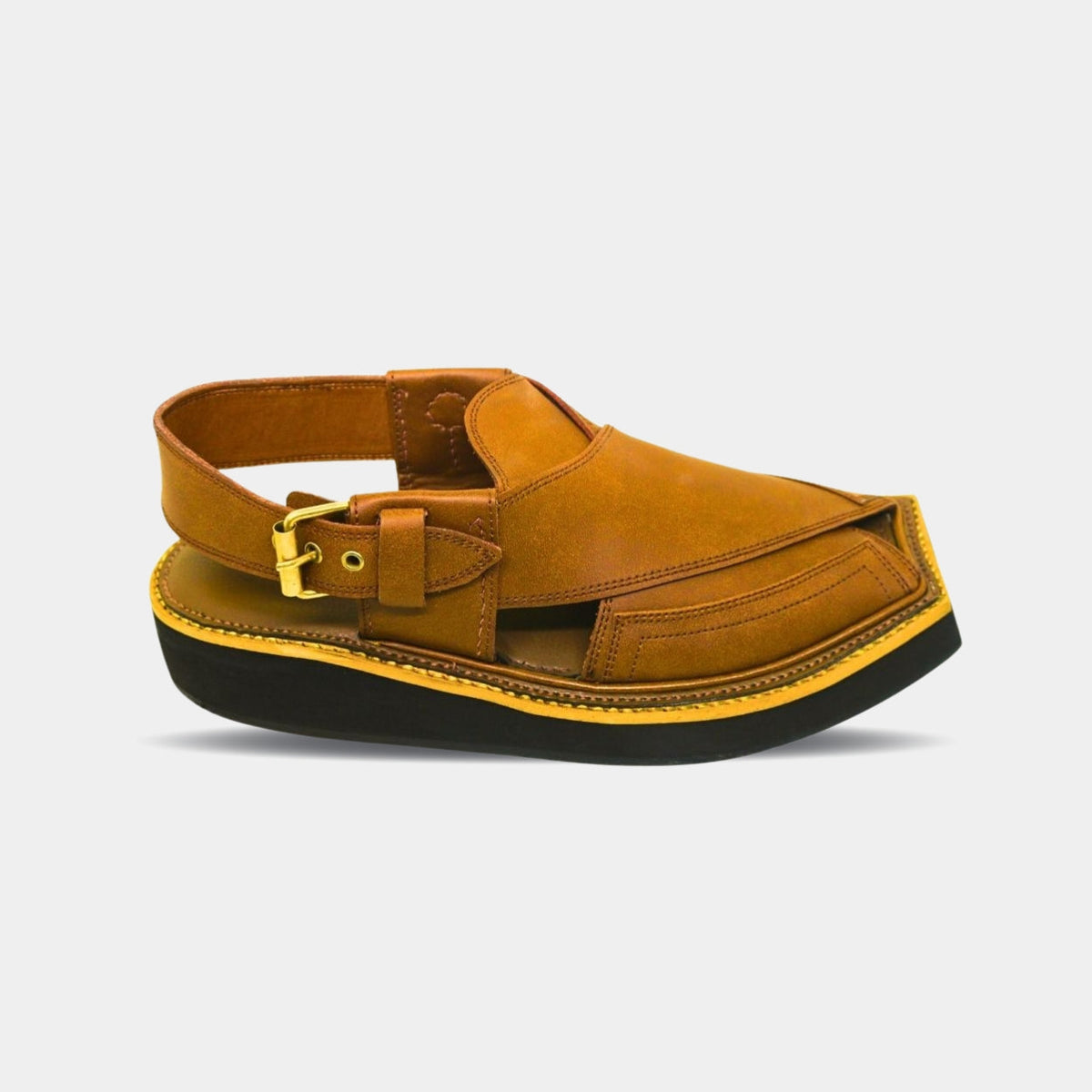 ARQS.PK 937 mustard textured Peshawari chappal with padded insole and gold buckle strap for formal events