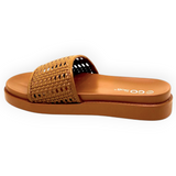 ARQS.PK mustard flat flip-flop sandals with a woven beaded PU leather upper and open toe design.