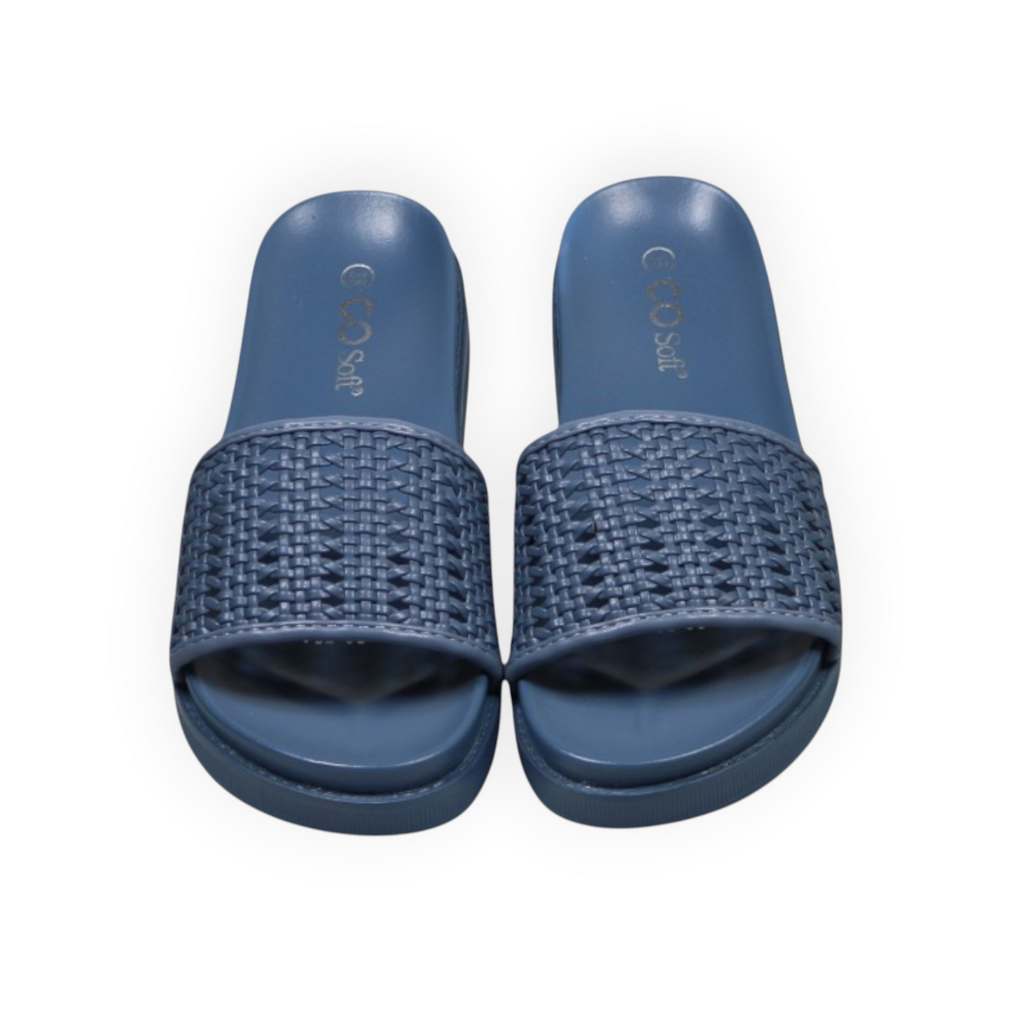 ARQS.PK navy blue flat flip-flop sandals with a woven textured upper and open toe design in PU leather.