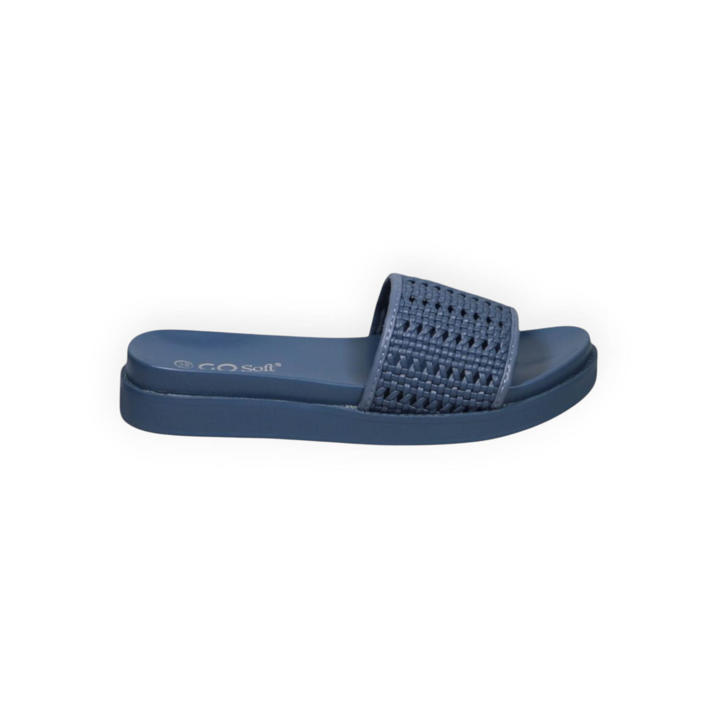 ARQS.PK navy flat flip-flop with a woven beaded PU leather upper and open toe design