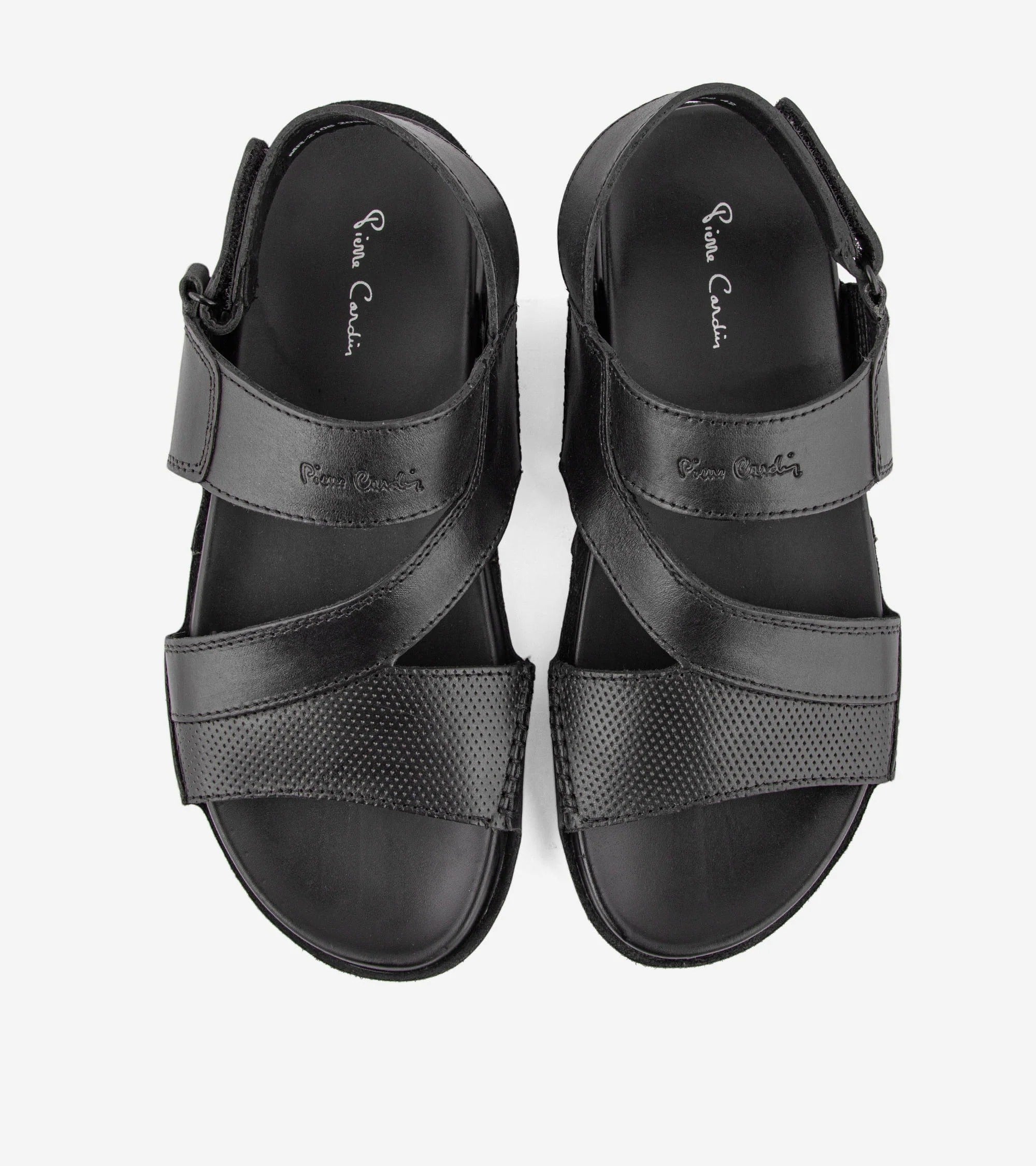 ARQS.PK Pierre Cardin black casual sandals with adjustable velcro straps and perforated leather detailing