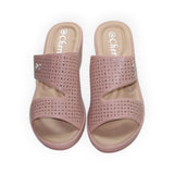 ARQS.PK women's blush pink wedge slide sandals with laser-cut detailing and a small butterfly strap embellishment