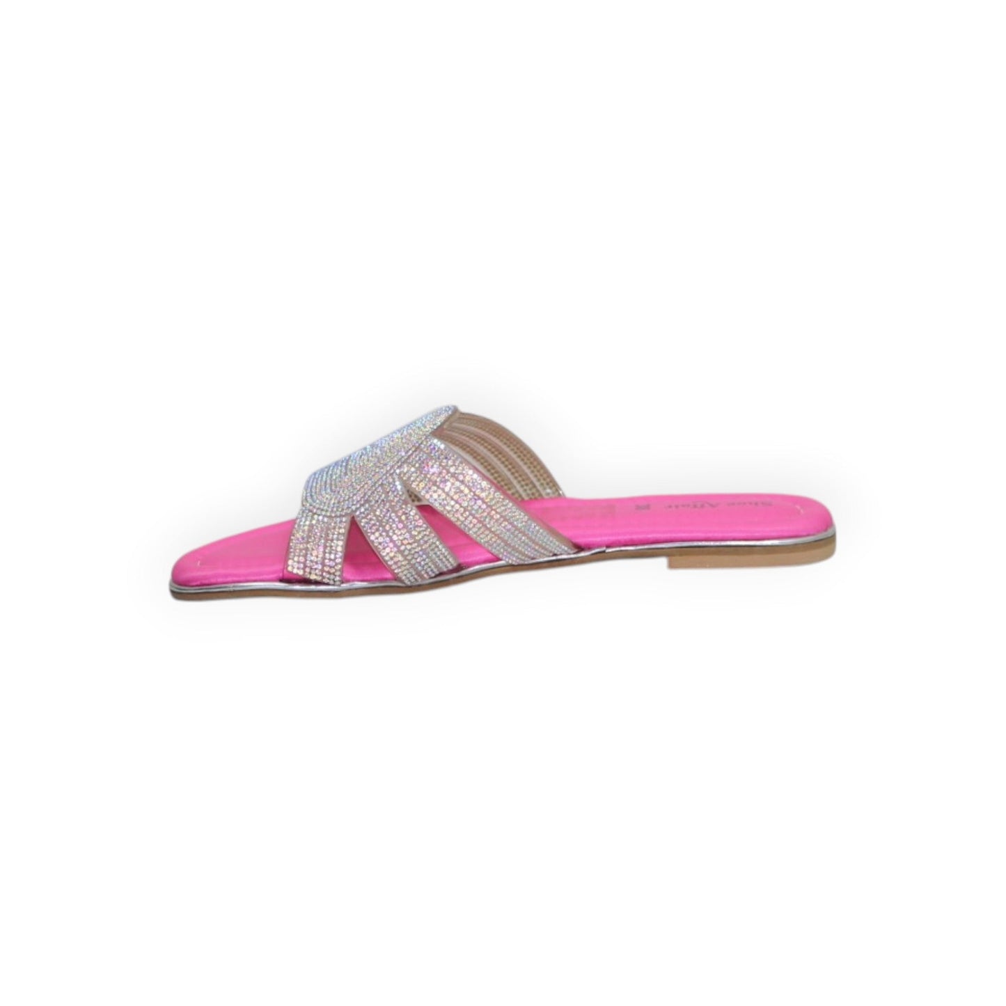 ARQS.PK pink flat slide sandals with multi-strap rhinestone embellishments and a cushioned footbed
