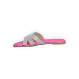 ARQS.PK pink flat slide sandals with multi-strap rhinestone embellishments and a cushioned footbed