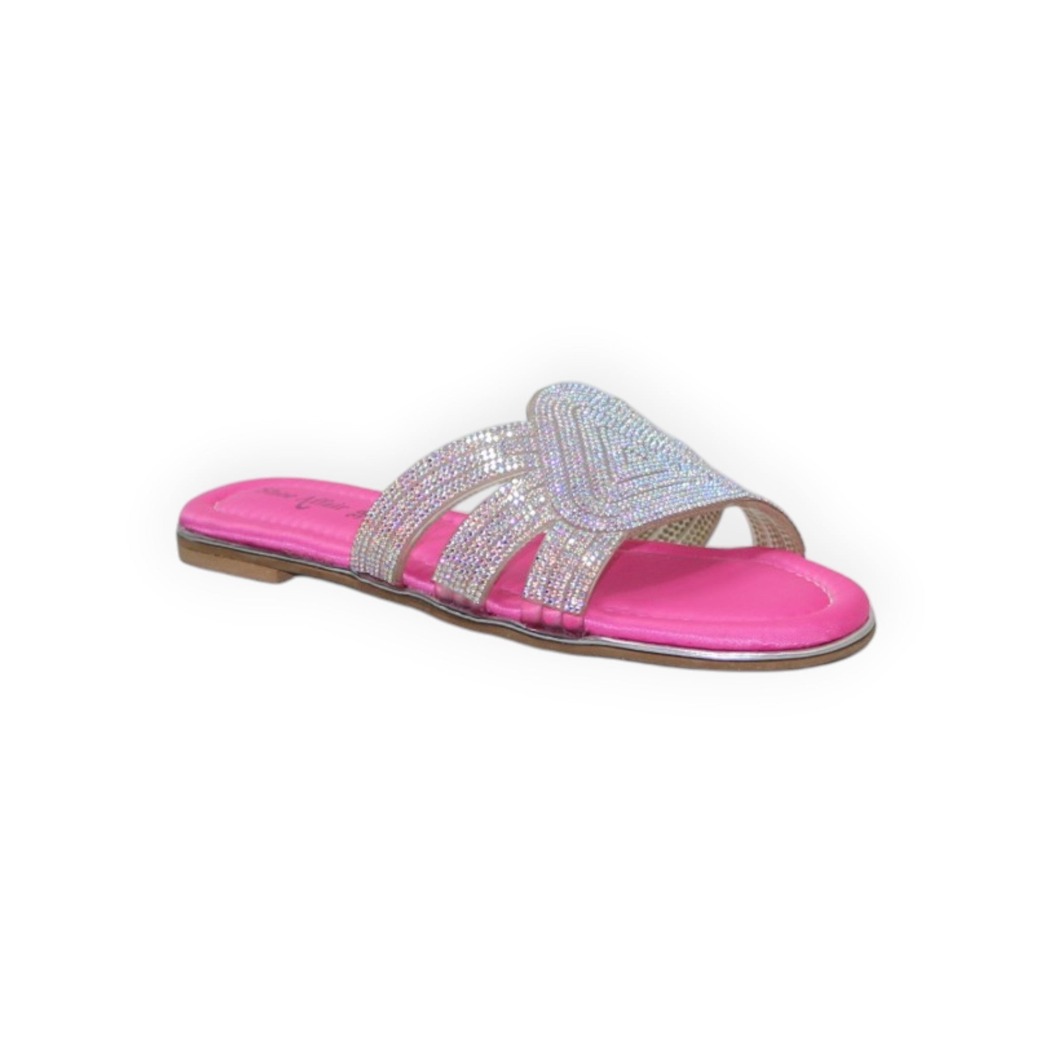 ARQS.PK pink flat slide sandals featuring multi-strap detailing with shimmering rhinestones and a cushioned footbed.