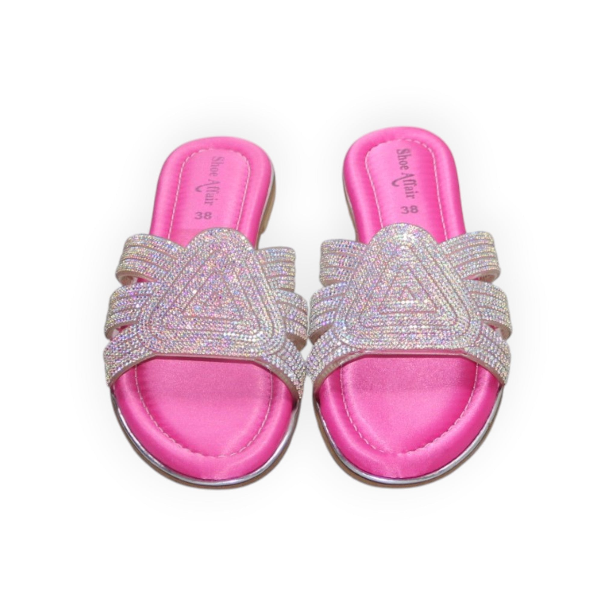 ARQS.PK Shoe Affair pink flat slide sandals with shimmering rhinestone-encrusted multi-strap design and cushioned sole