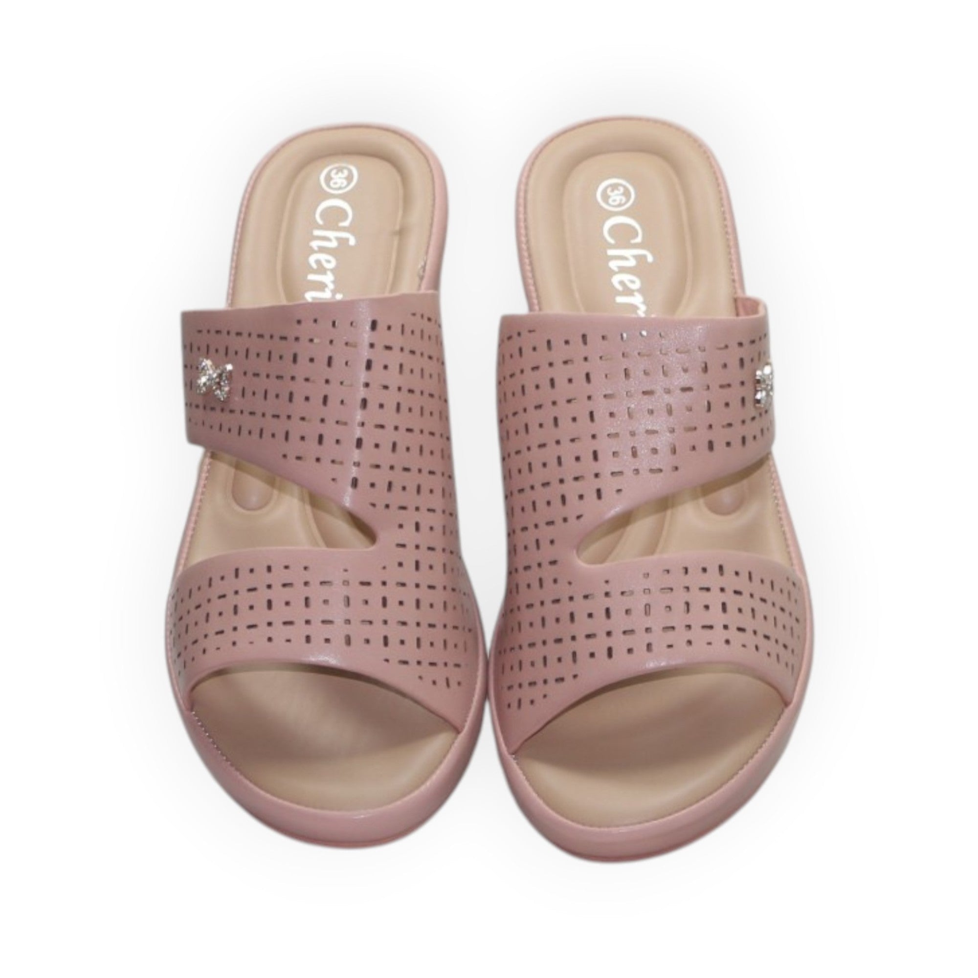 ARQS.PK women's blush pink wedge slide sandals with laser-cut detailing and a small butterfly embellishment
