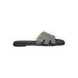ARQS.PK black flat slide sandals featuring multi-strap detailing with shimmering rhinestones and a cushioned footbed.