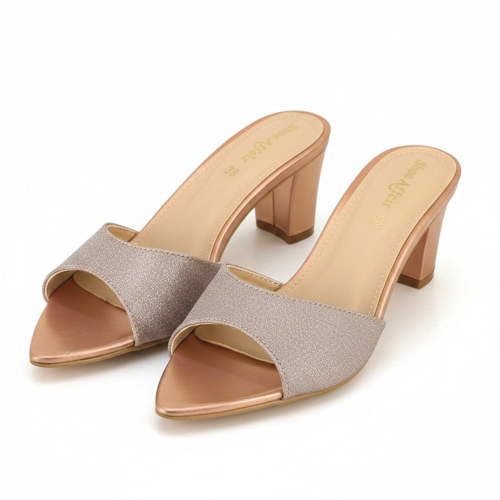 ARQS.PK women's rose gold glitter block heel mules with synthetic upper and comfortable rubber sole