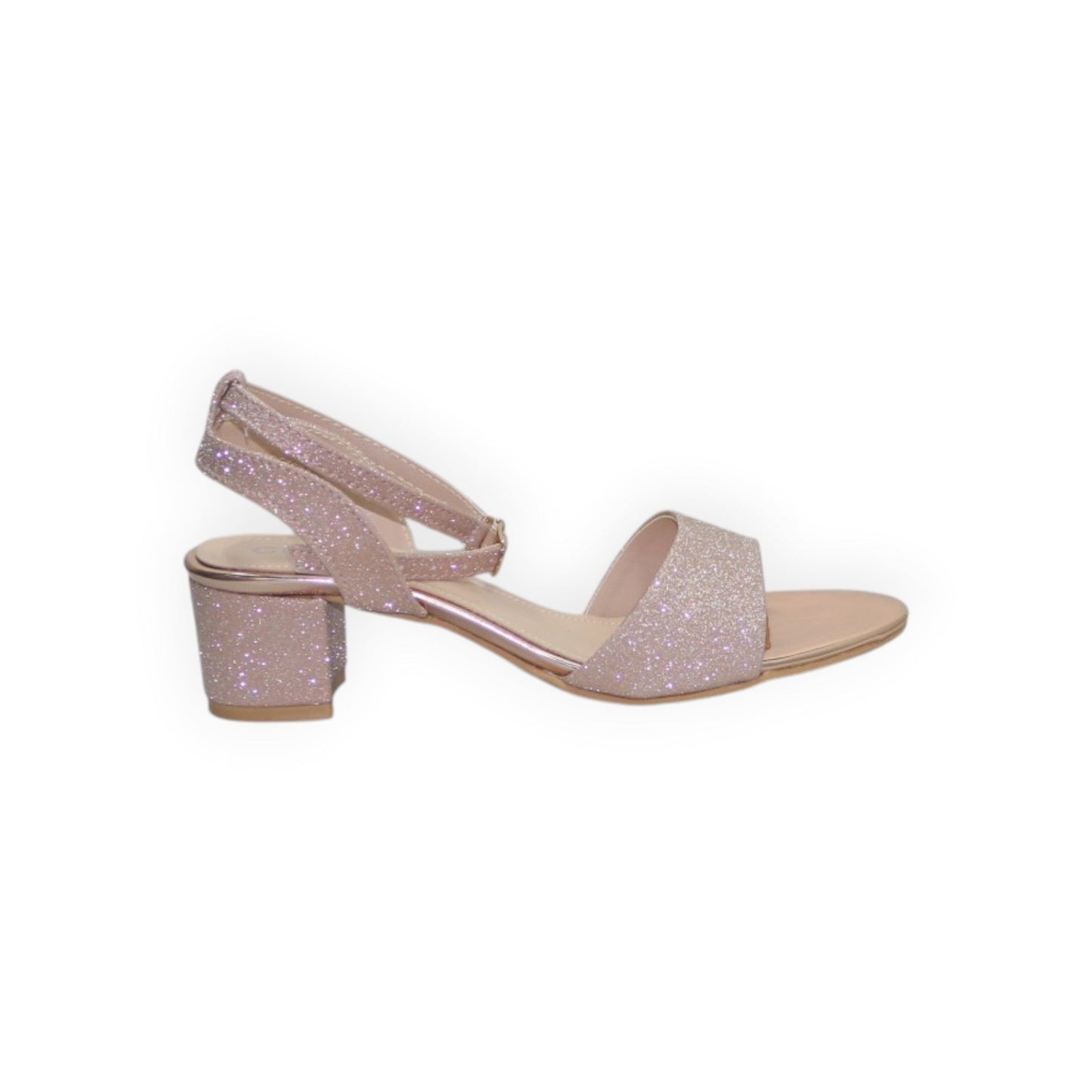 ARQS.PK rose gold glitter block heel sandals with an adjustable ankle strap and open toe design