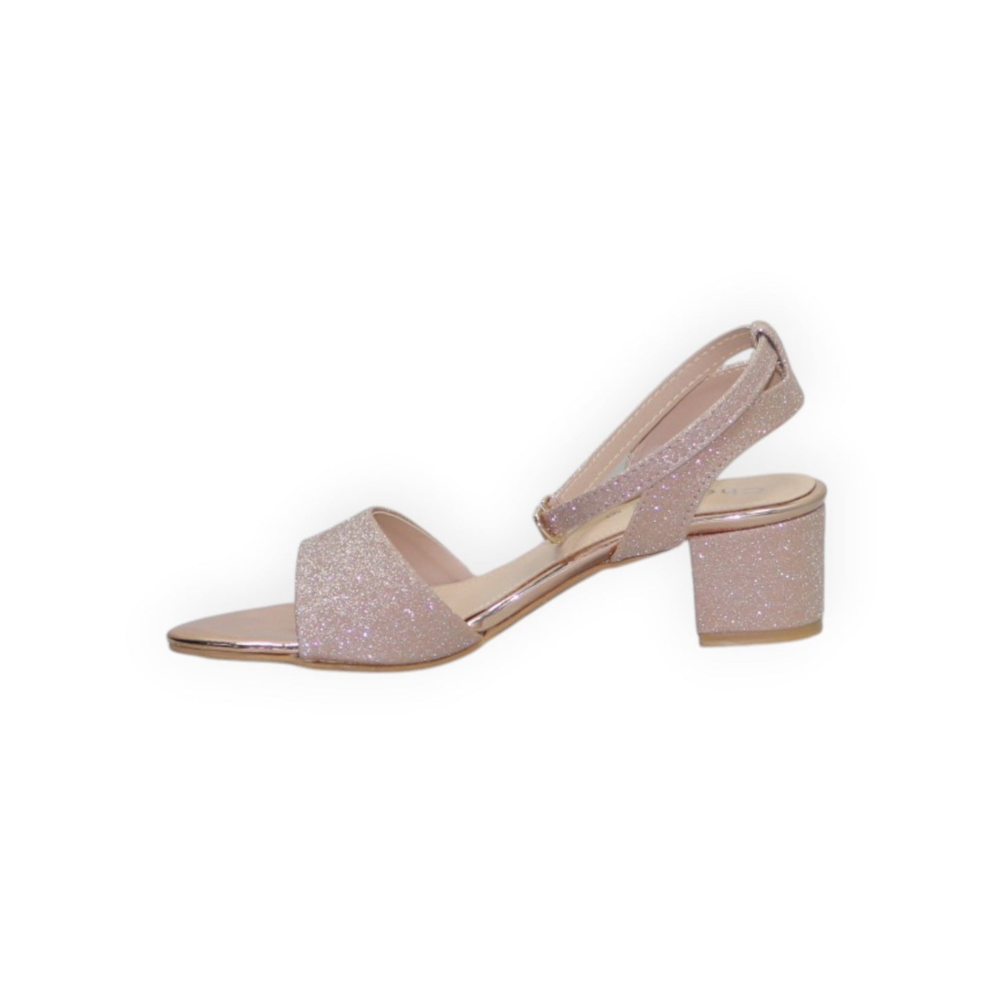 ARQS.PK 1469 rose gold glitter block heel sandals with an adjustable slingback strap